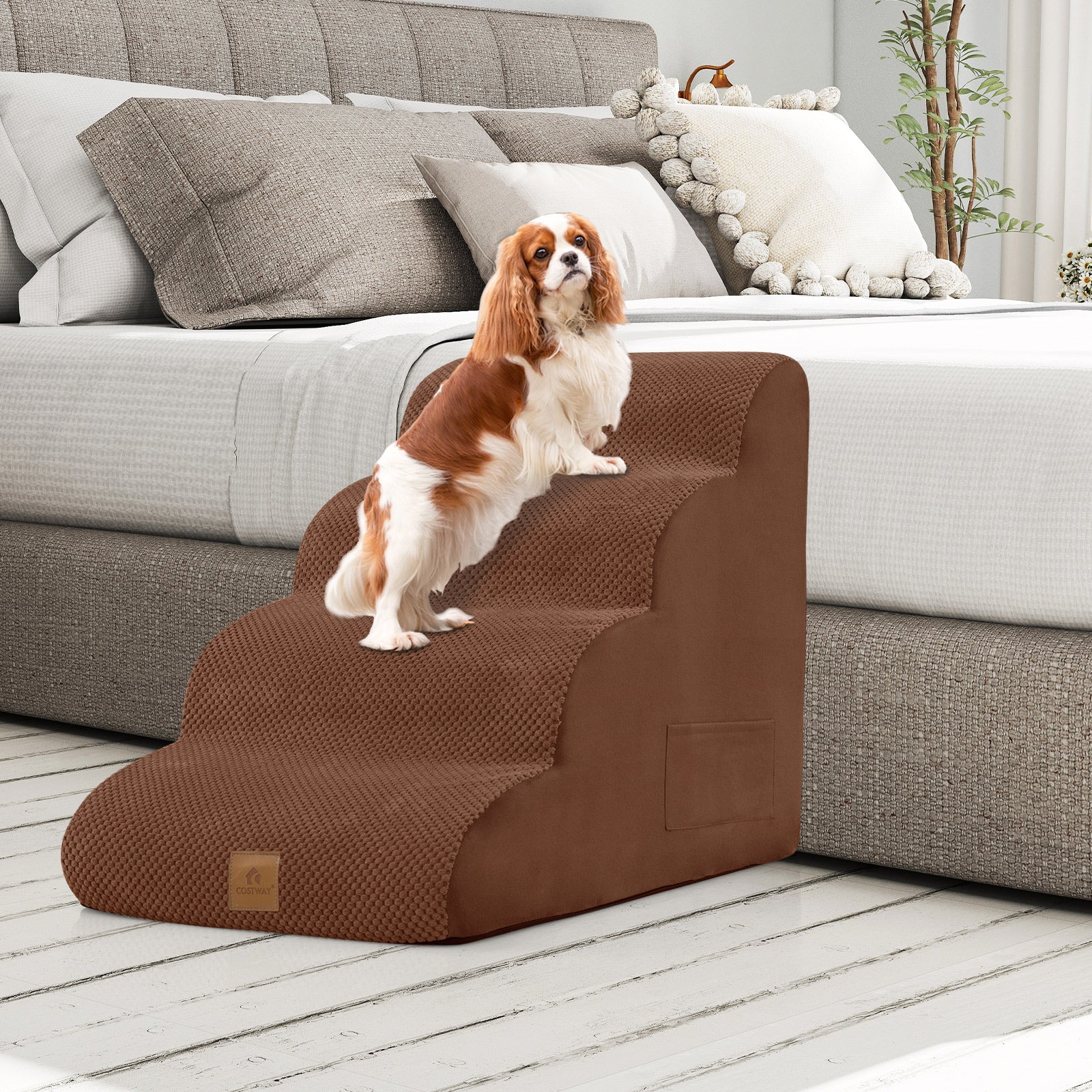 NNECW 4-Tier 51 cm High Foam Dog Ramp with Gentle Slope Surface-Coffee