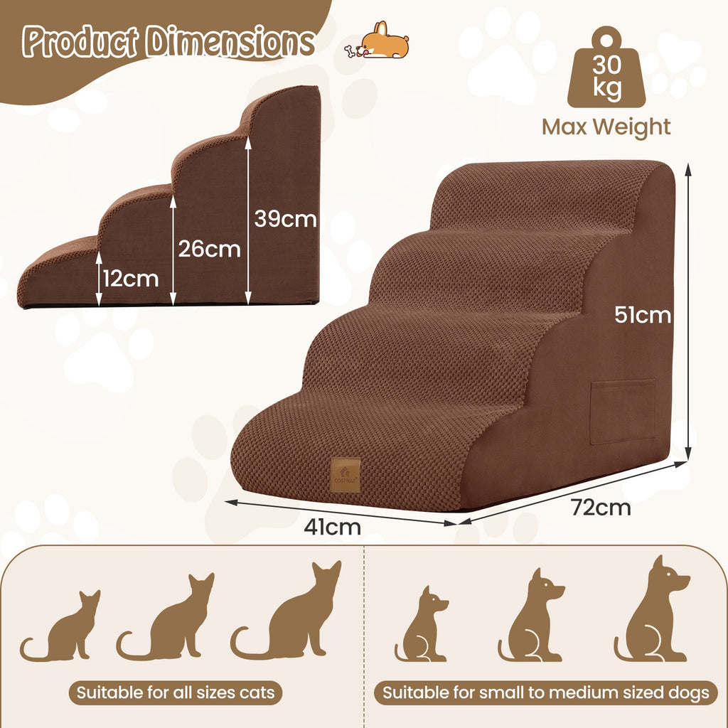 NNECW 4-Tier 51 cm High Foam Dog Ramp with Gentle Slope Surface-Coffee