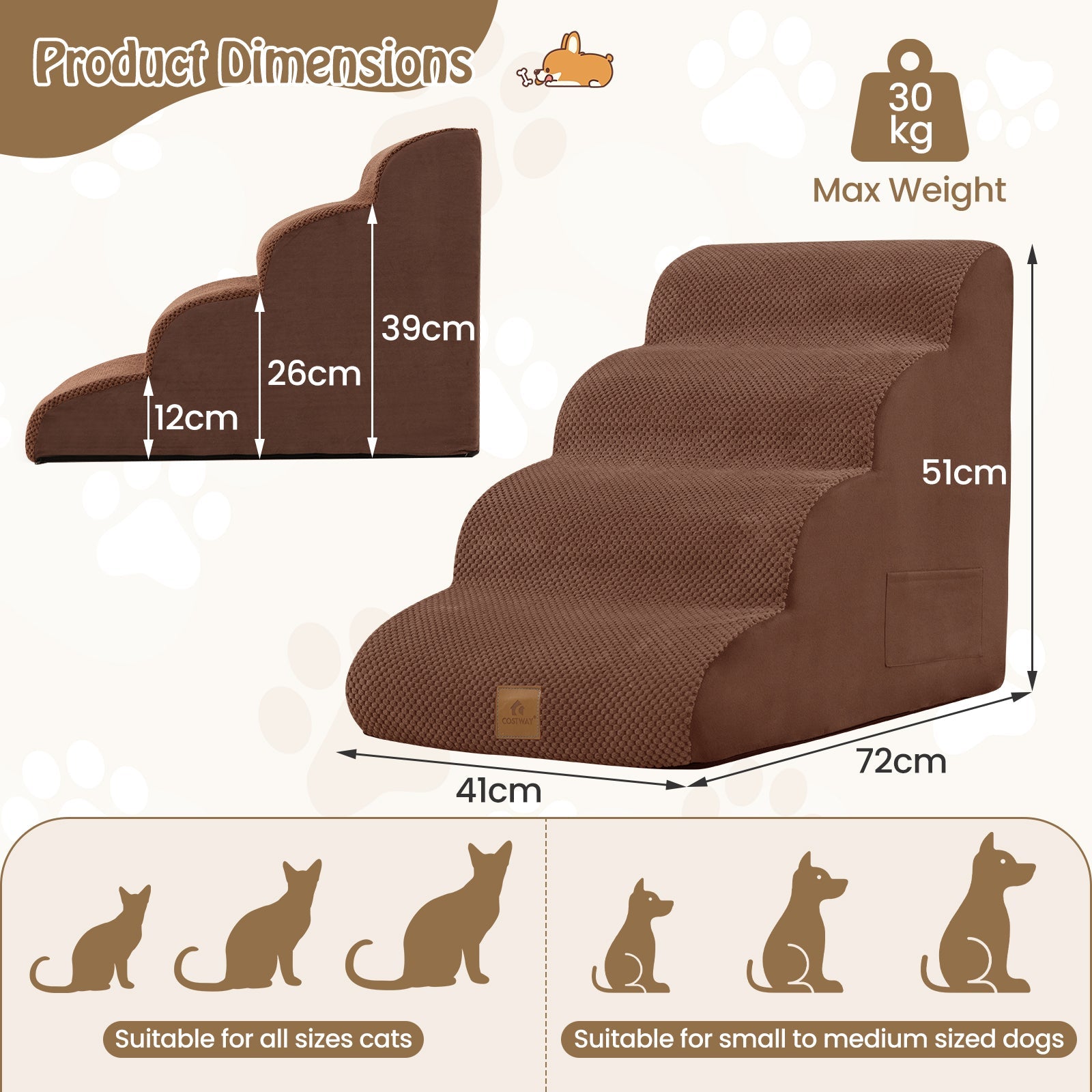 NNECW 4-Tier 51 cm High Foam Dog Ramp with Gentle Slope Surface-Coffee