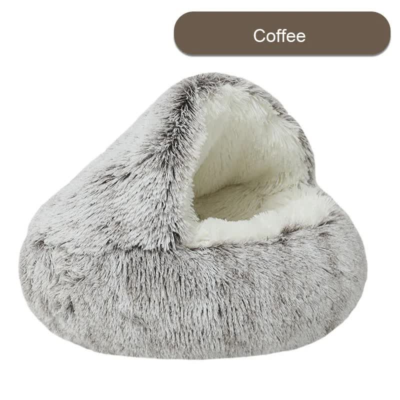 NNEDSZ Cozy Coffee Plush Hooded Pet Bed - Ultra Soft Long Fur Cave Bed for Small Pets 50cm