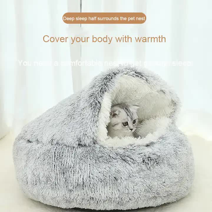 NNEDSZ Cozy Coffee Plush Hooded Pet Bed - Ultra Soft Long Fur Cave Bed for Small Pets 50cm