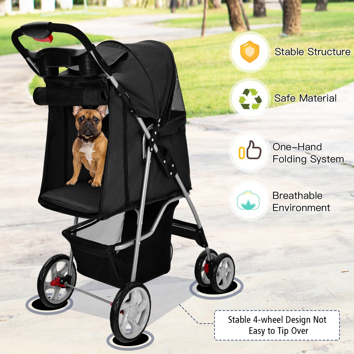 NNECW 4-Wheel Folding Pet Stroller with Mesh Windows &amp Storage Basket-Black-2