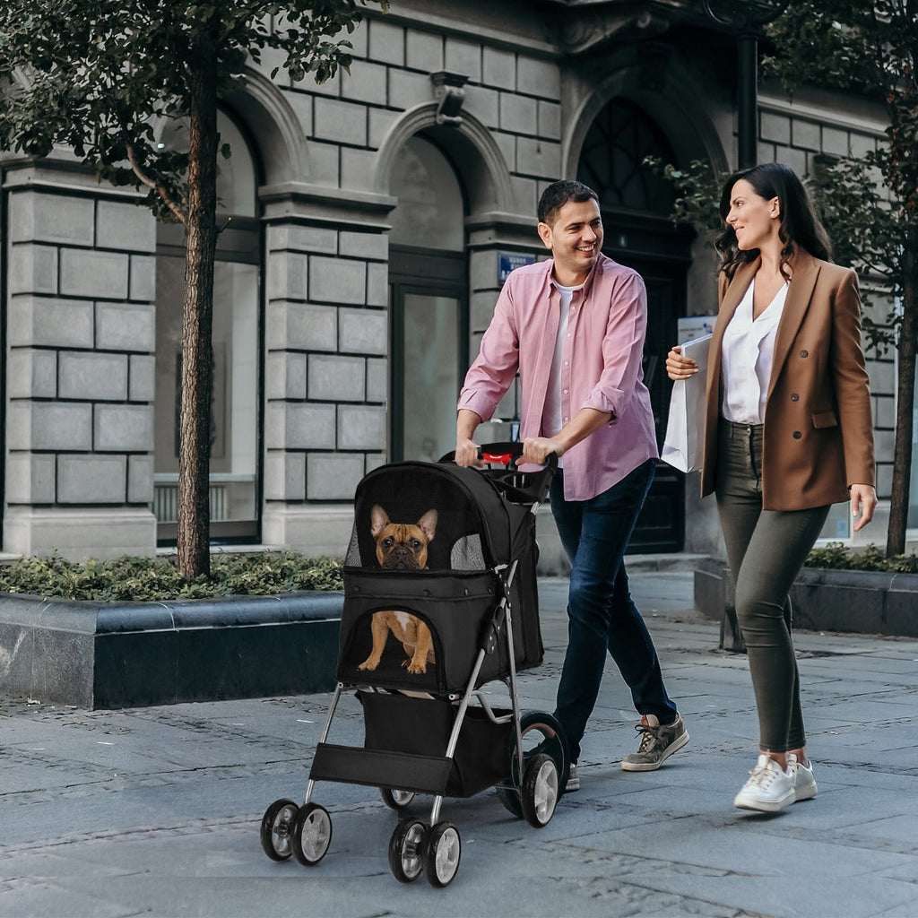 NNECW 4-Wheel Folding Pet Stroller with Mesh Windows &amp Storage Basket-Black-1