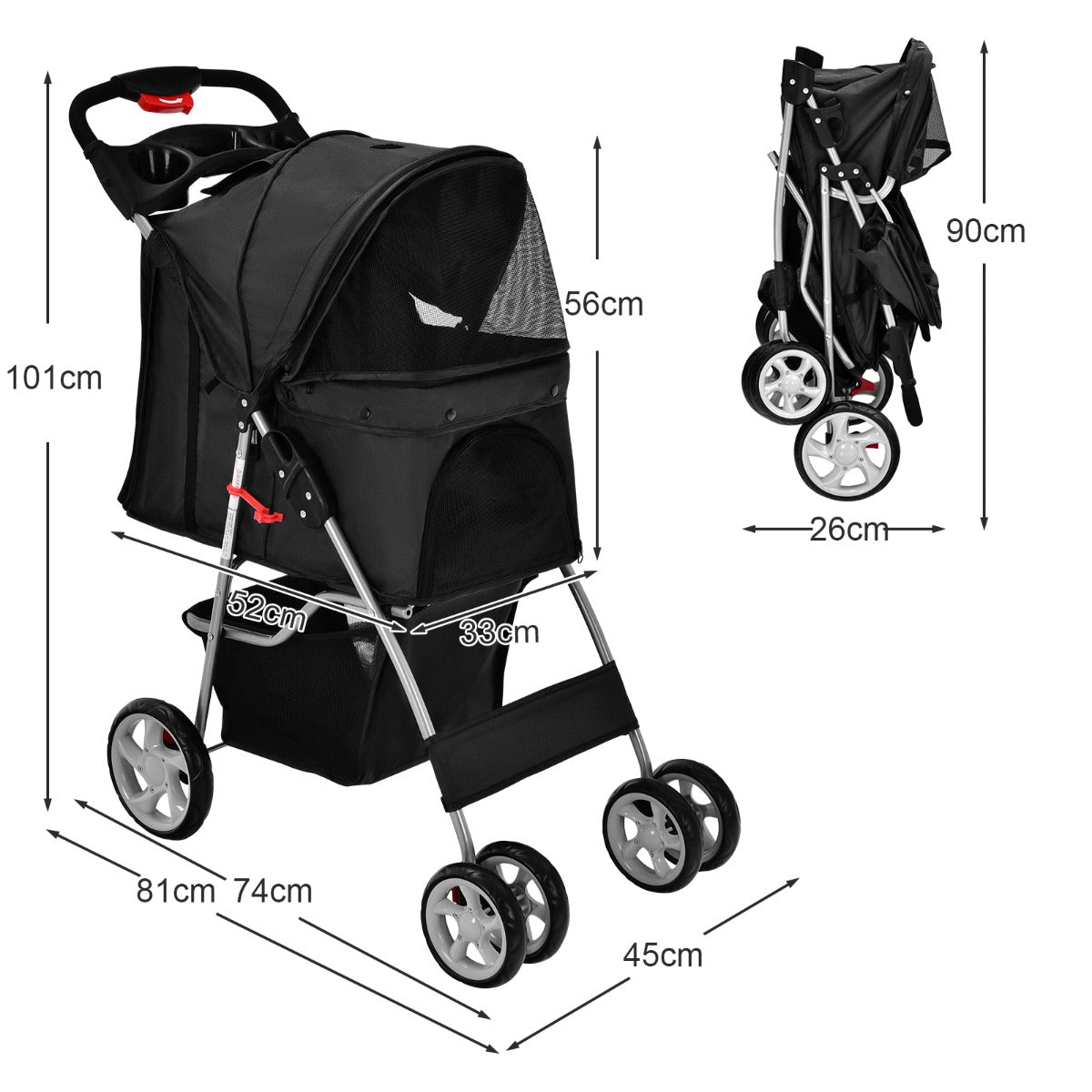 NNECW 4-Wheel Folding Pet Stroller with Mesh Windows &amp Storage Basket-Black-3