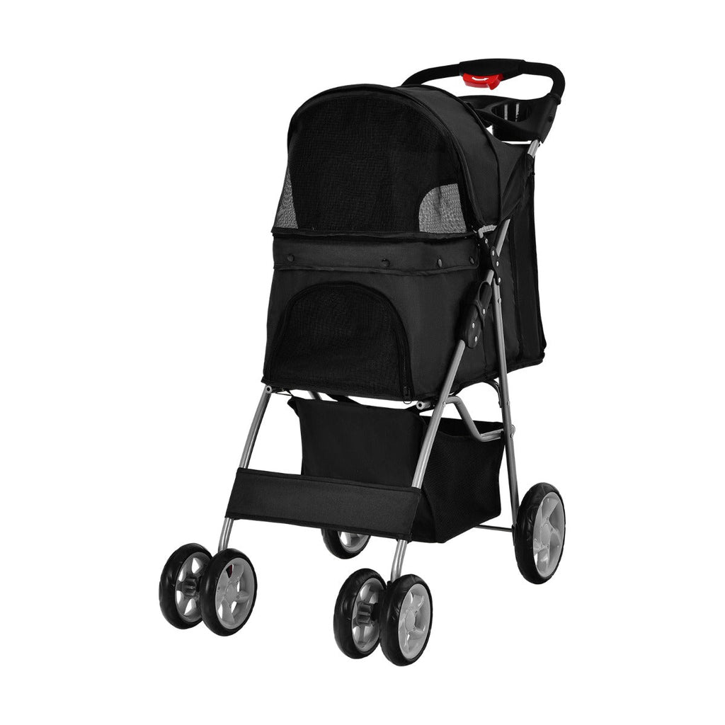NNECW 4-Wheel Folding Pet Stroller with Mesh Windows &amp Storage Basket-Black-0