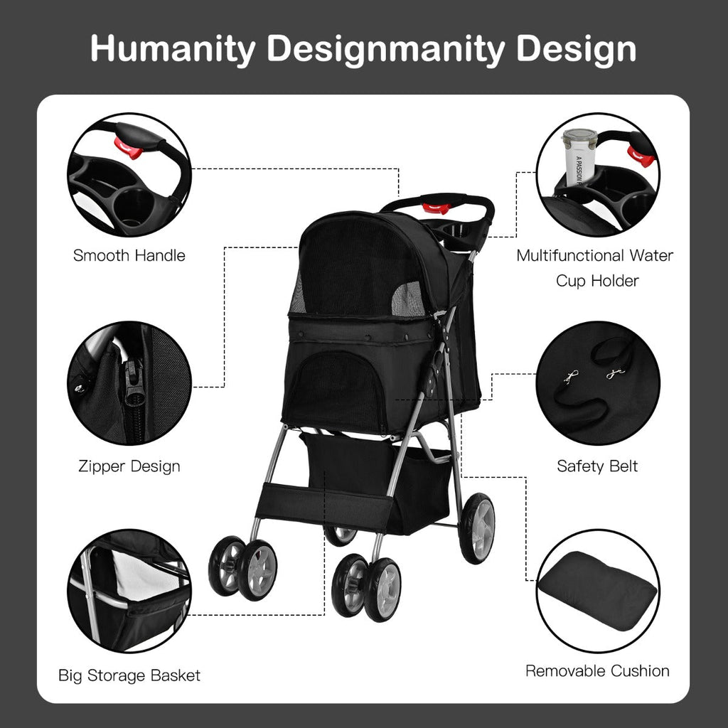 NNECW 4-Wheel Folding Pet Stroller with Mesh Windows &amp Storage Basket-Black-4
